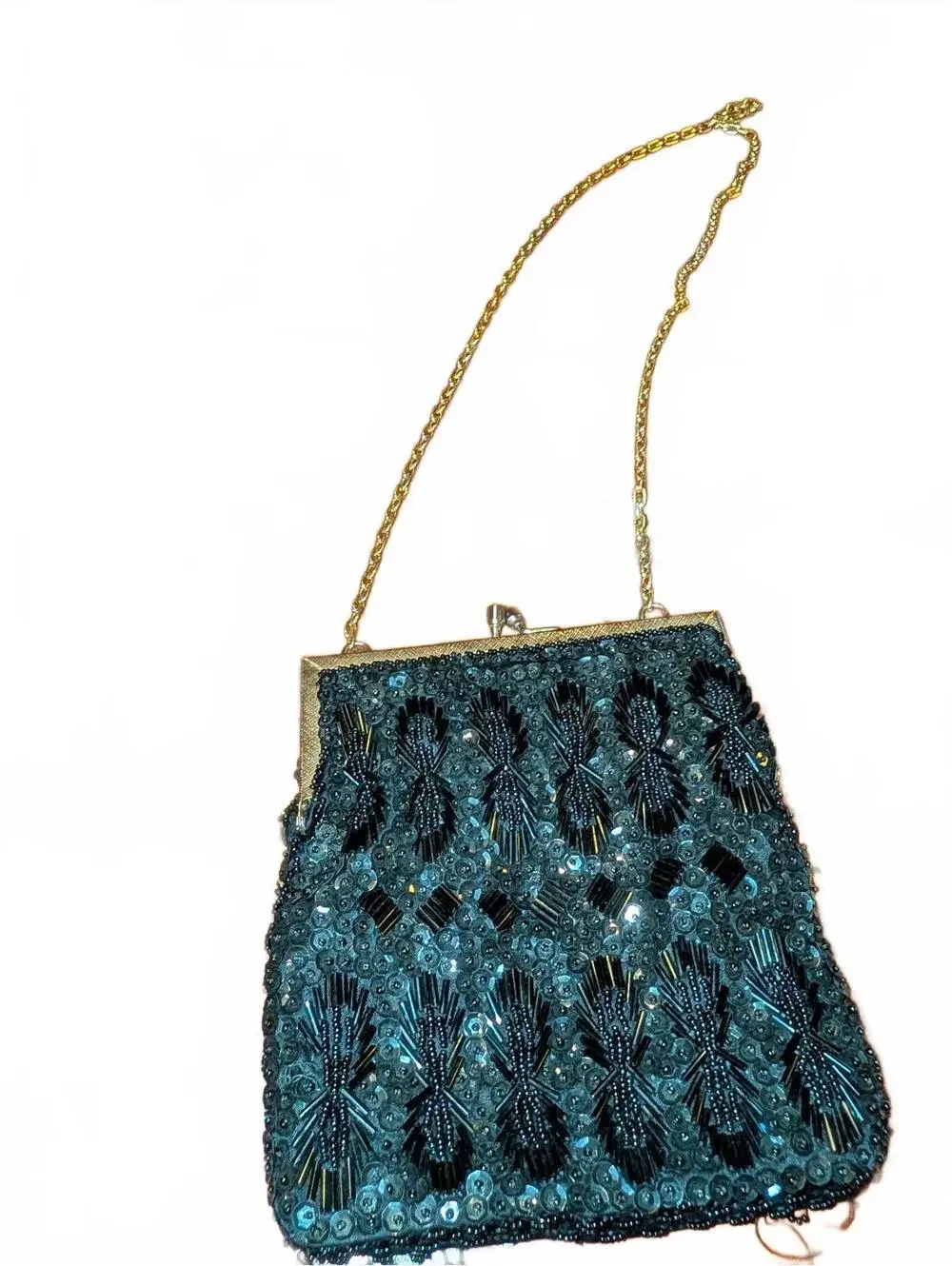 Vintage Black Beaded Evening Bag with Gold Chain Strap
